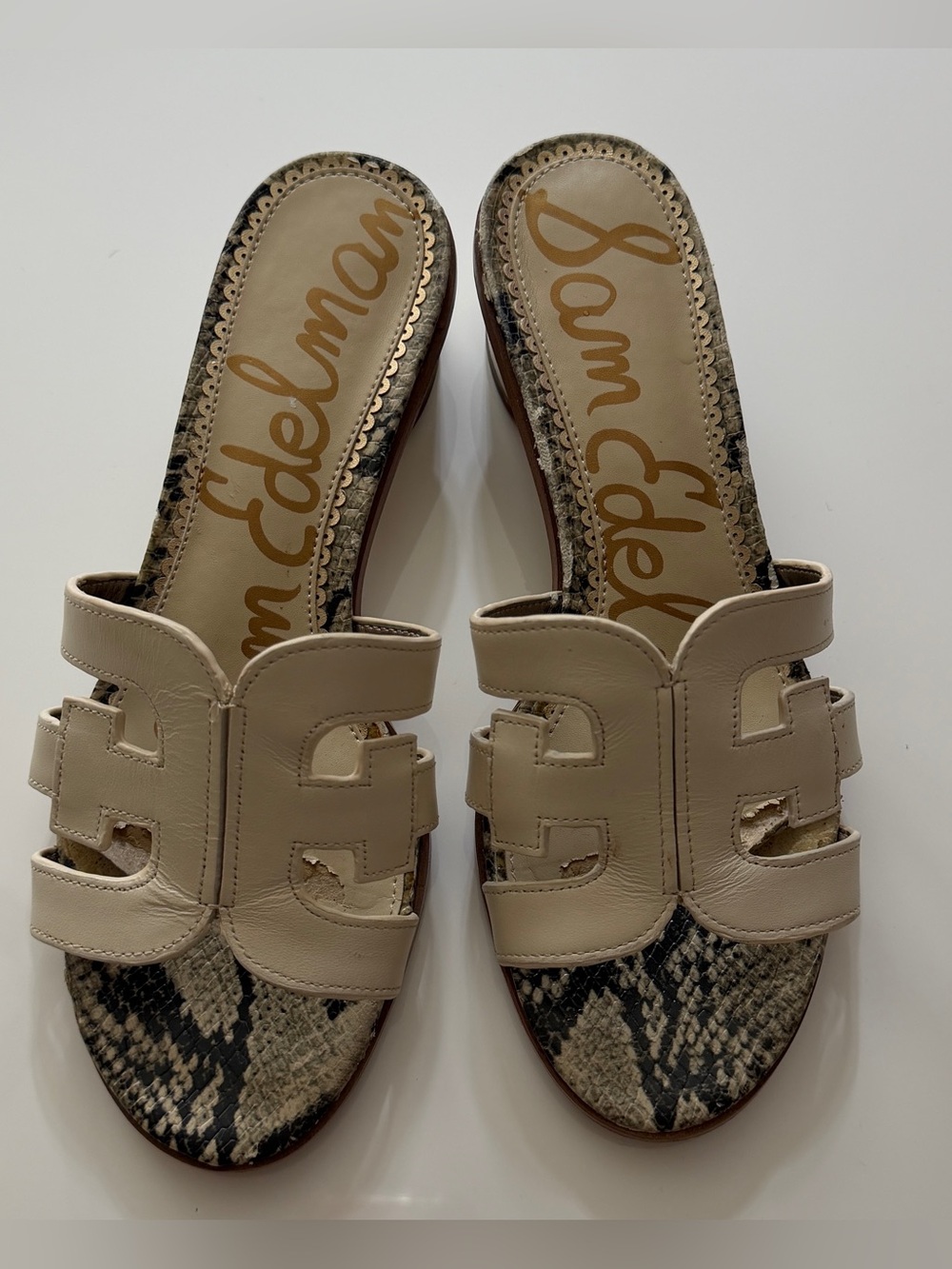 Sam Edelman Beige Leather Slide Mules with Snakeskin Footbed